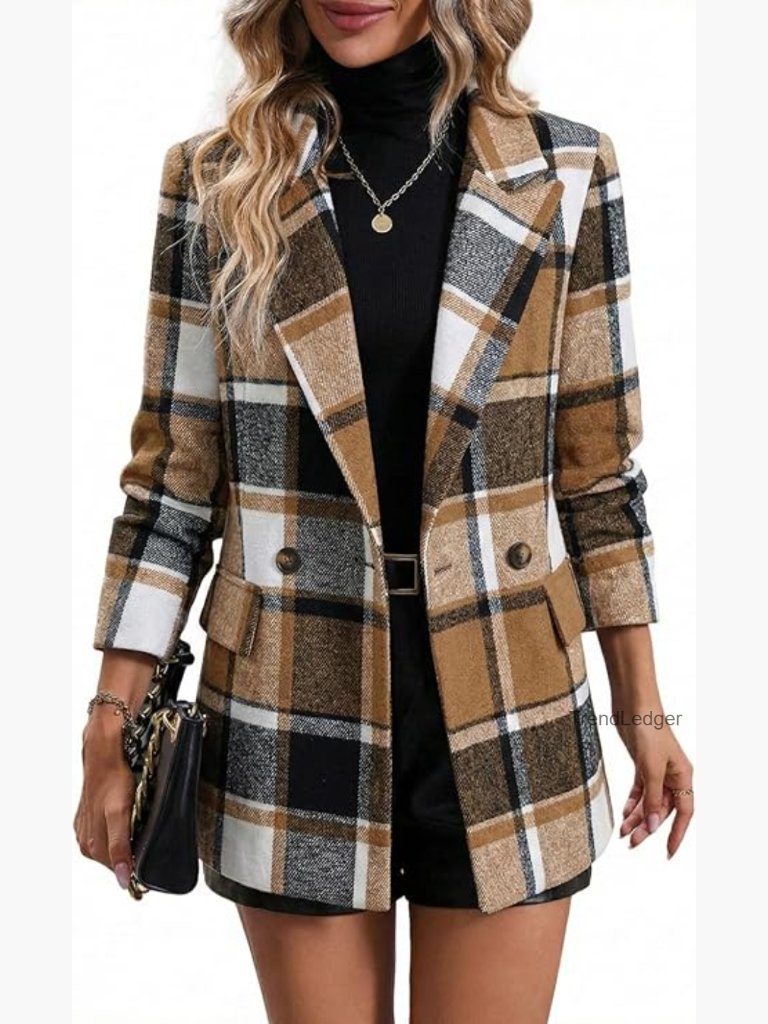 Plaid Houndstooth Blazer Fully Lined Office Daily Work Jacket Pockets